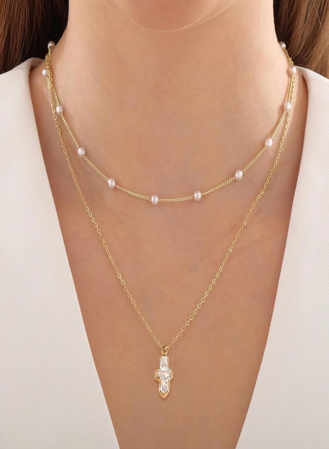PEALICIOUS Pearl Cross Necklace for Women Freshwater Pearl Cross Pendant 14K Gold Plated Necklace Dainty Gold Choker Trendy Baroque Jewelry Set as Birthday Gifts for Teens Wedding Jewelry - Image 3